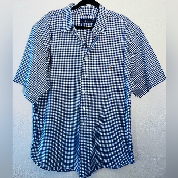 Ralph Lauren Shirt 2XT Big Blue White Gingham Check Button Down Short Sleeve - Picture 3 of 5